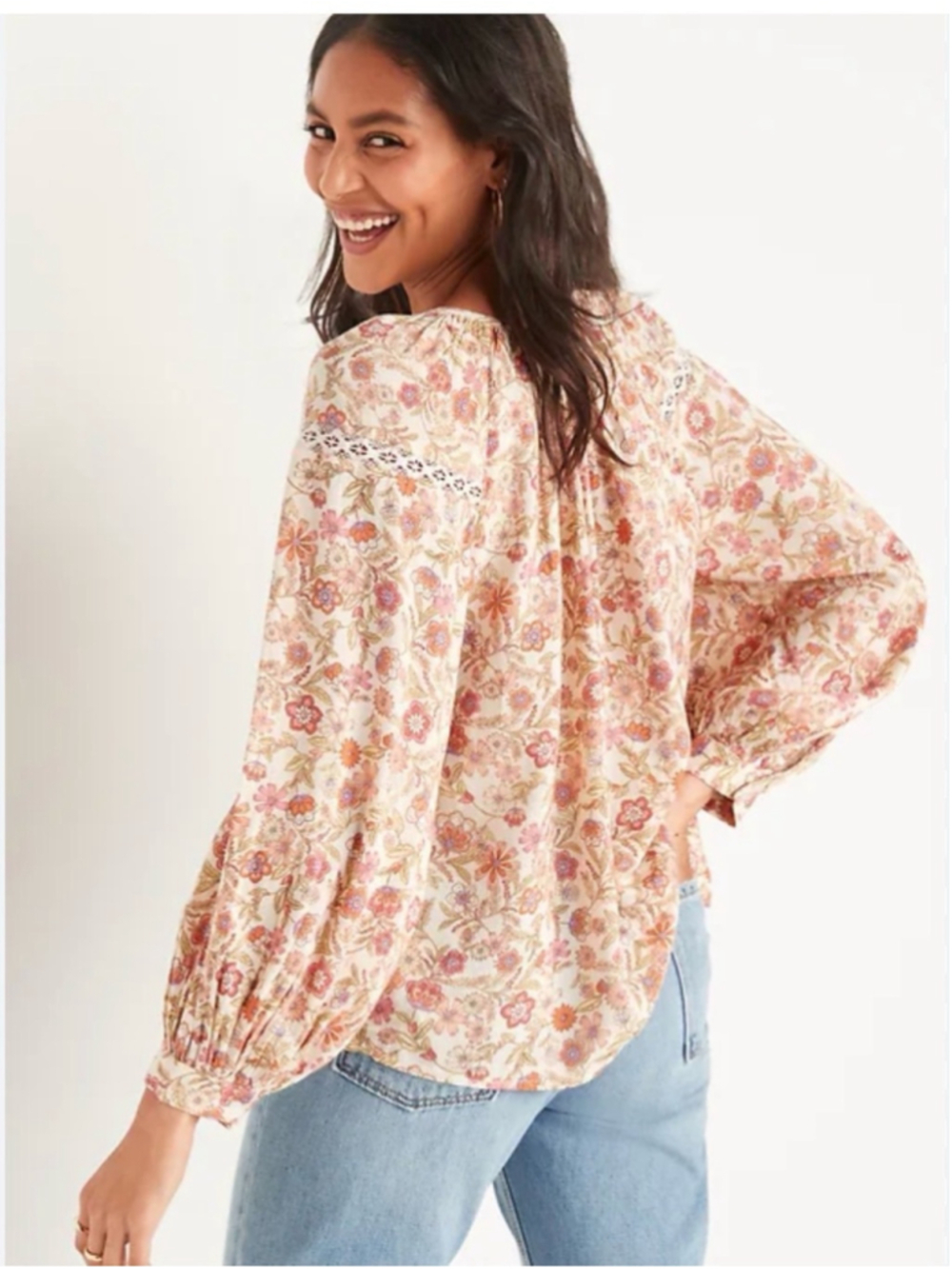 OLD Navy - Long-Sleeve Lace-Trimmed Floral-Print Blouse